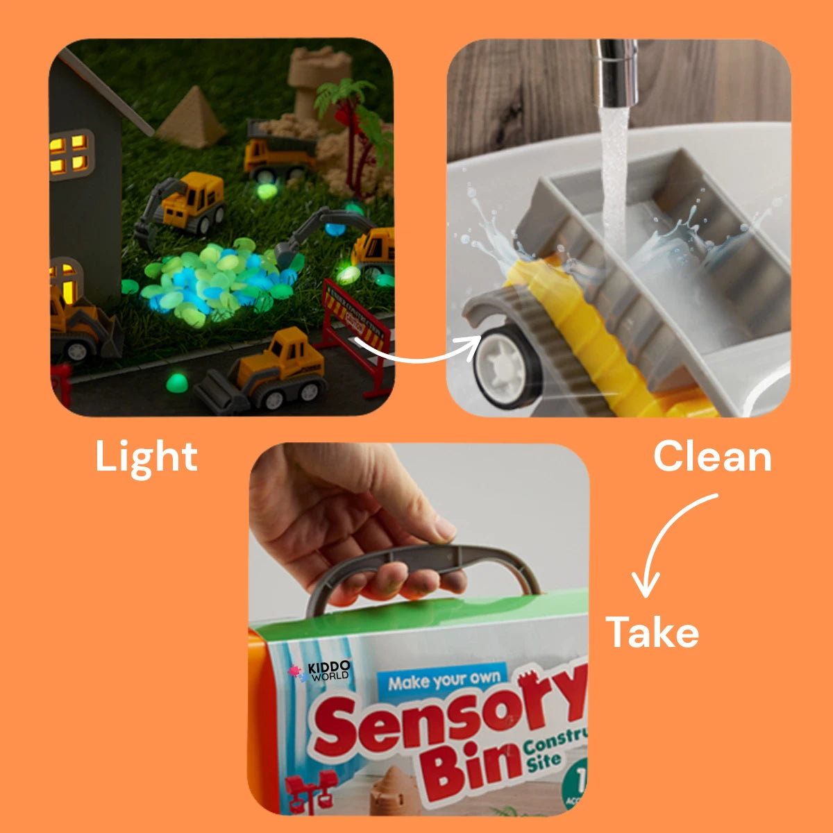 Senzorična škatla z magnetnim peskom in svetlečimi kamenčki | Gradbišče | za otroke 3+