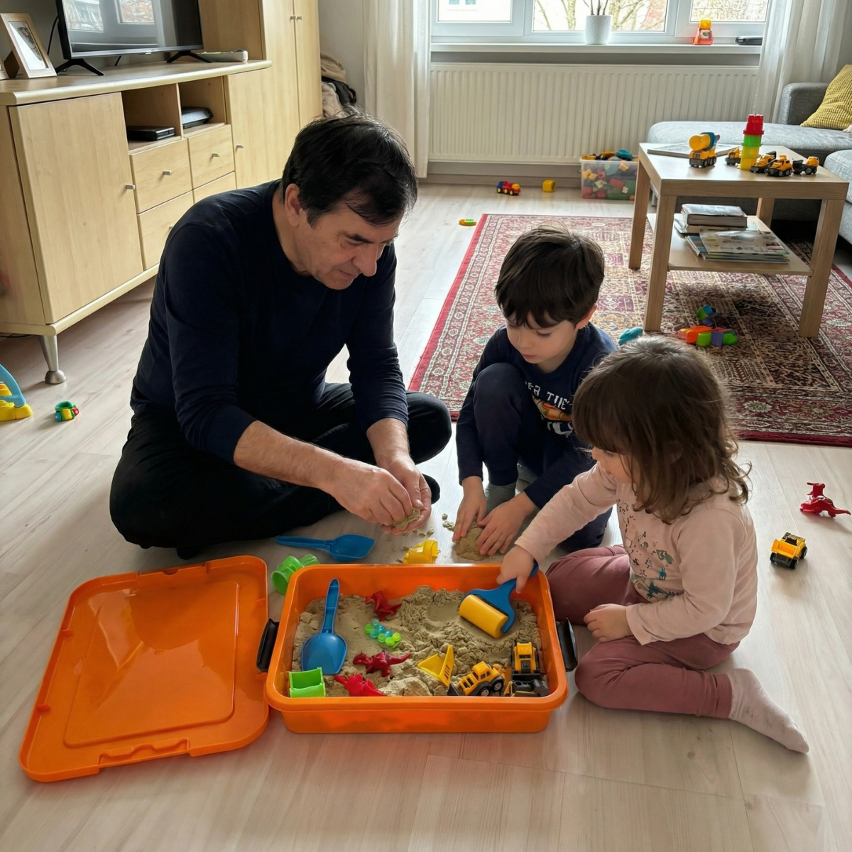 Senzorična škatla z magnetnim peskom in svetlečimi kamenčki | Gradbišče | za otroke 3+