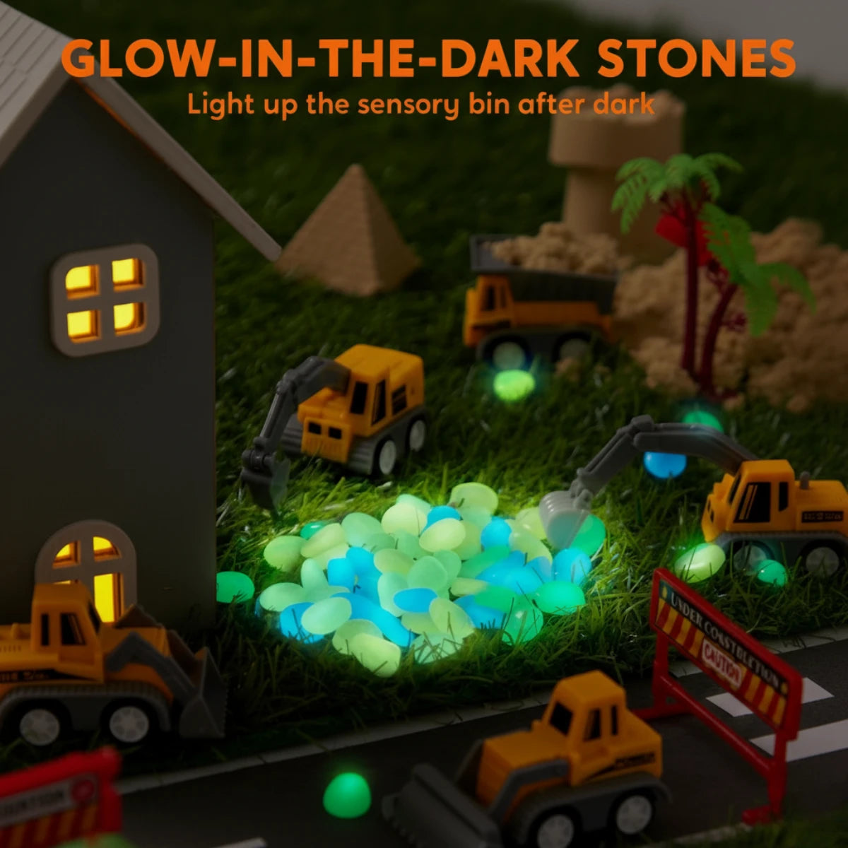 Senzorična škatla z magnetnim peskom in svetlečimi kamenčki | Gradbišče | za otroke 3+