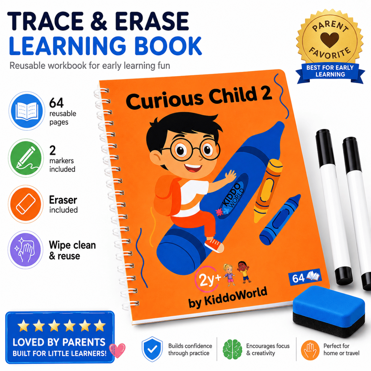 Curious Child 2 | Piši-briši zvezek za učenje pisanja (64 strani, 2+ leta)