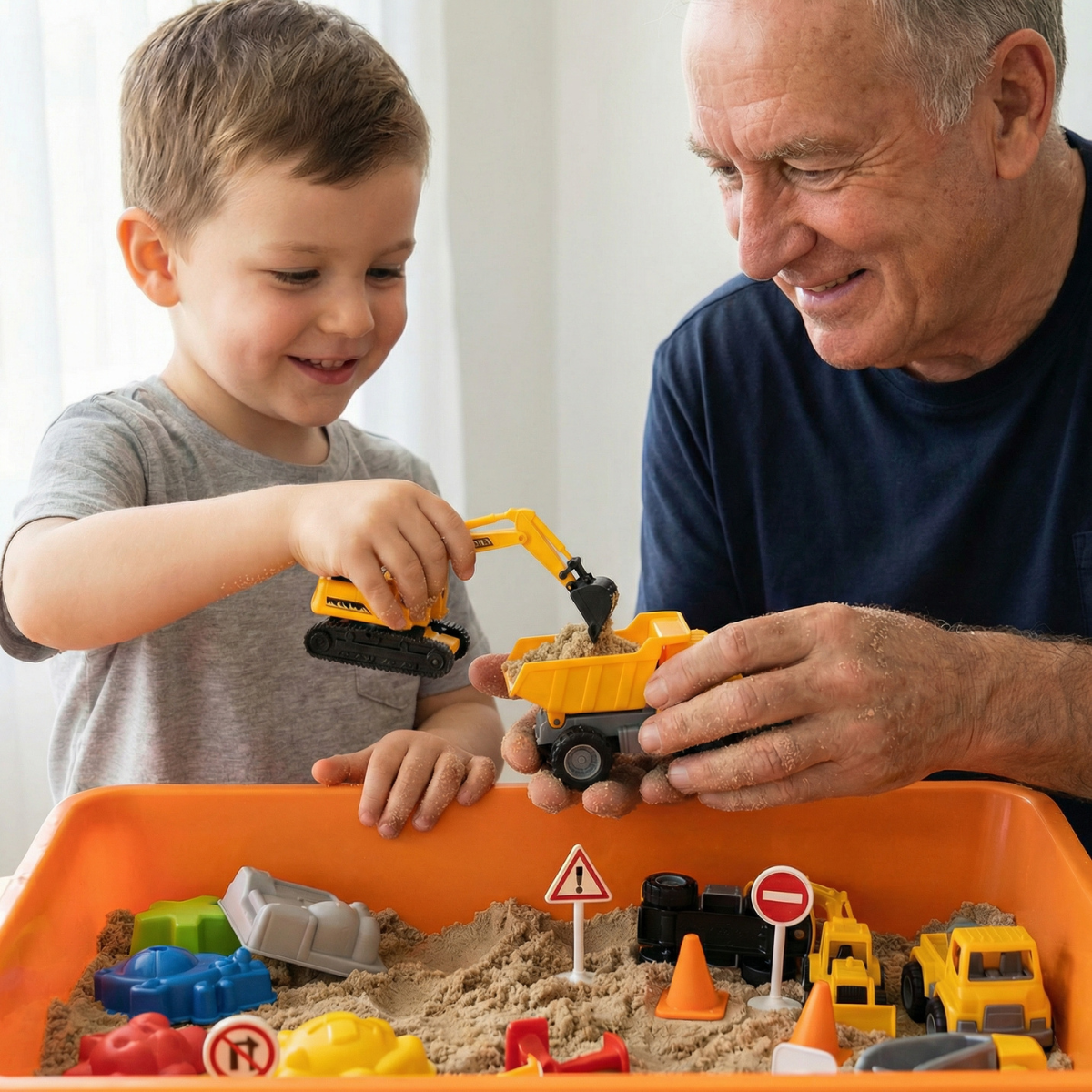 Senzorična škatla z magnetnim peskom in svetlečimi kamenčki | Gradbišče | za otroke 3+