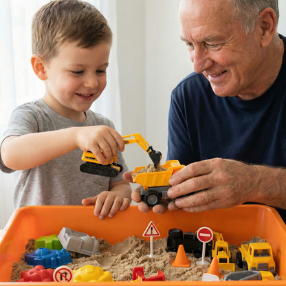 Senzorična škatla z magnetnim peskom in svetlečimi kamenčki | Gradbišče | za otroke 3+