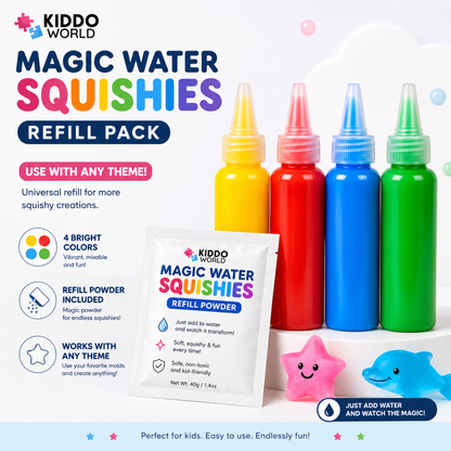 Magic Water Squishy Refill Pack – Polnilo 4 barve + 1 čarobni prah (Kompatibilno z vsemi seti, 3+ leta)