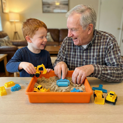 Senzorična škatla z magnetnim peskom in svetlečimi kamenčki | Gradbišče | za otroke 3+