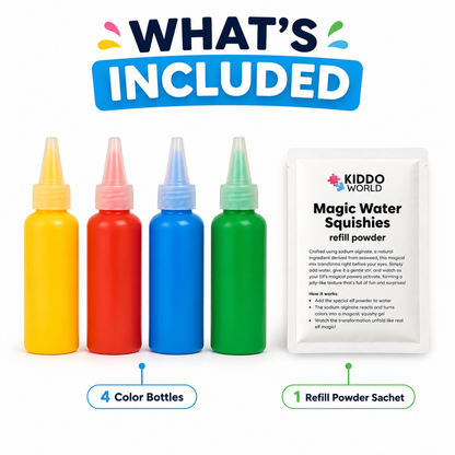 Magic Water Squishy Refill Pack – Polnilo 4 barve + 1 čarobni prah (Kompatibilno z vsemi seti, 3+ leta)