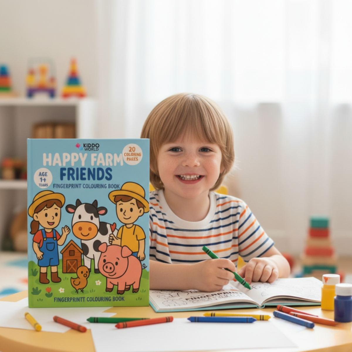 Pobarvanka za otroke: Otroci na kmetiji (20 strani, 1+ leto)