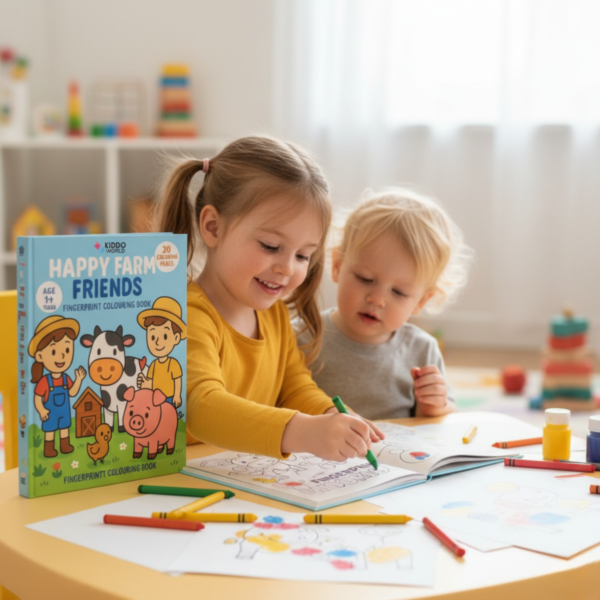 Pobarvanka za otroke: Otroci na kmetiji (20 strani, 1+ leto)