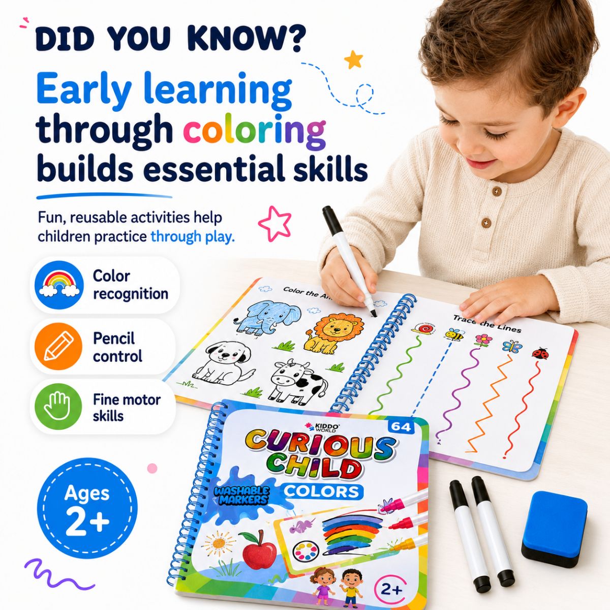 Curious Child Colors | Piši-briši zvezek za učenje pisanja (64 strani, 2+ leta)