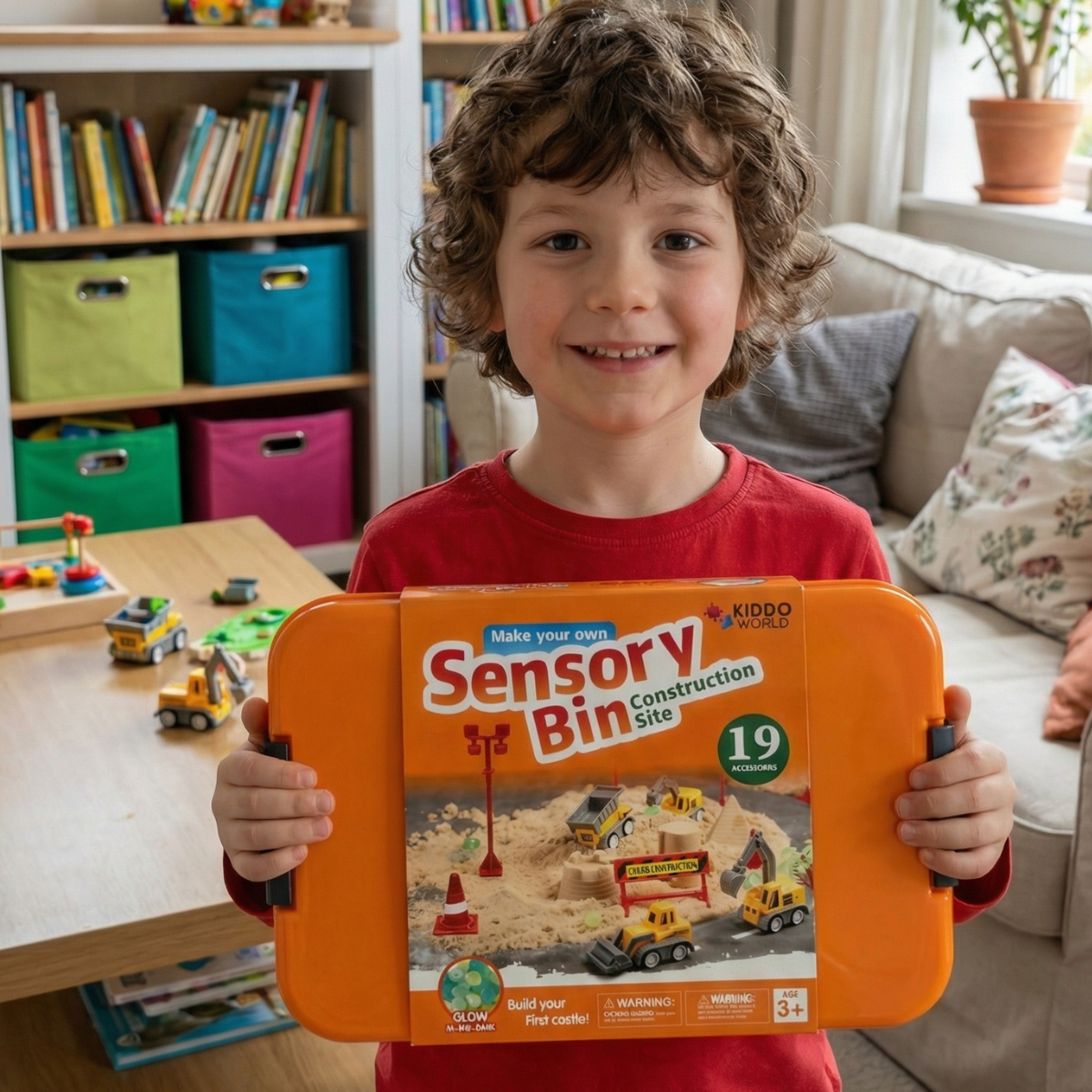 Senzorična škatla z magnetnim peskom in svetlečimi kamenčki | Gradbišče | za otroke 3+