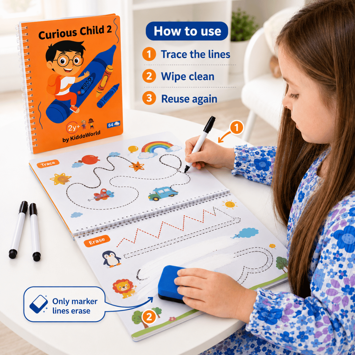 Curious Child 2 | Piši-briši zvezek za učenje pisanja (64 strani, 2+ leta)