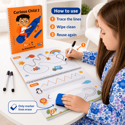 Curious Child 2 | Piši-briši zvezek za učenje pisanja (64 strani, 2+ leta)