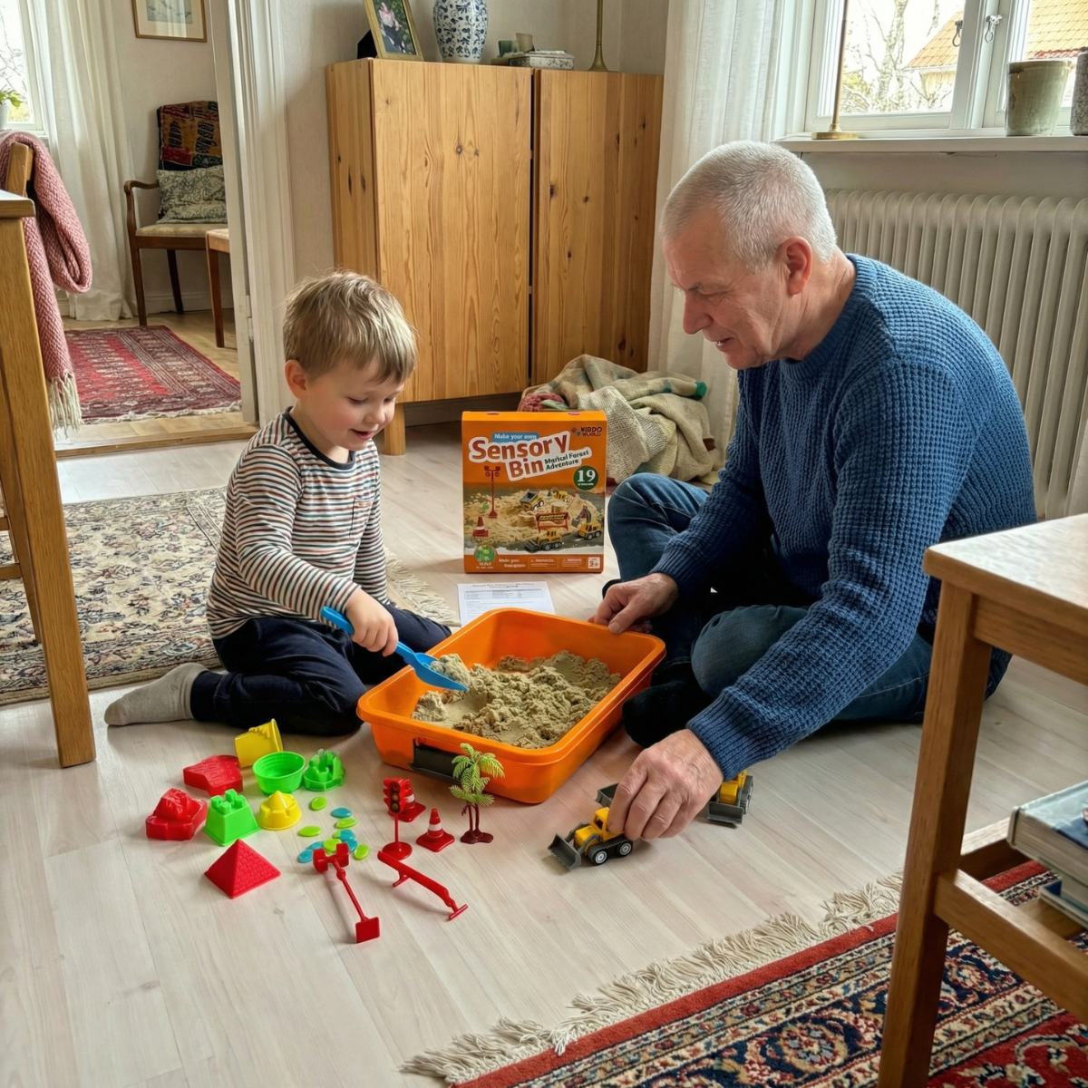 Senzorična škatla z magnetnim peskom in svetlečimi kamenčki | Gradbišče | za otroke 3+