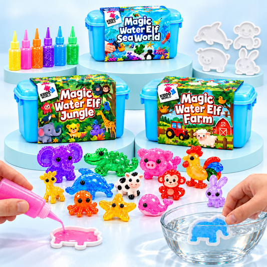 Magic Water Squishies – 3× ustvarjalni komplet za izdelavo 3D-figuric | Morski svet, Kmetija in Džungla | 3+ leta