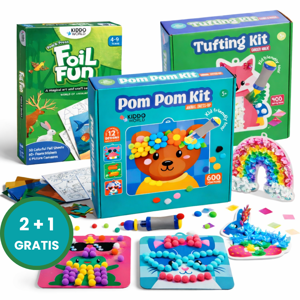 Kreativni paket 2+1 GRATIS | Tufting komplet + Pom Pom komplet + Folija zabava | za otroke 6+