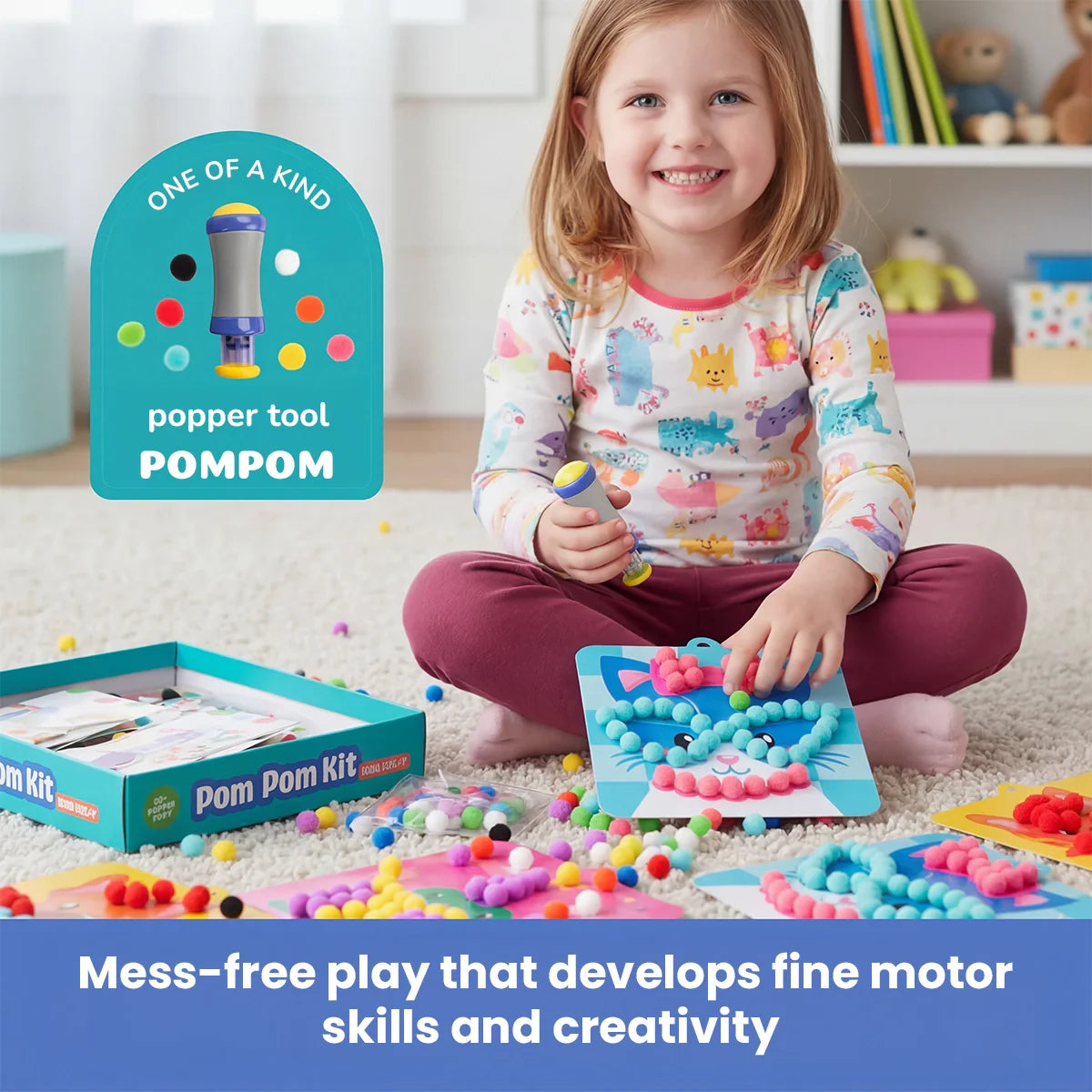 Pom Pom Kit – Ustvari čarobne 3D živalice iz puhastih cofkov, brez nereda! (5+ let)