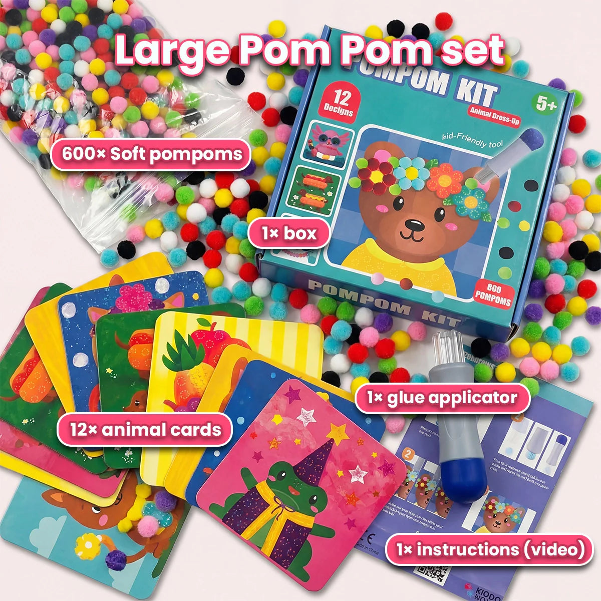 Pom Pom Kit – Ustvari čarobne 3D živalice iz puhastih cofkov, brez nereda! (5+ let)