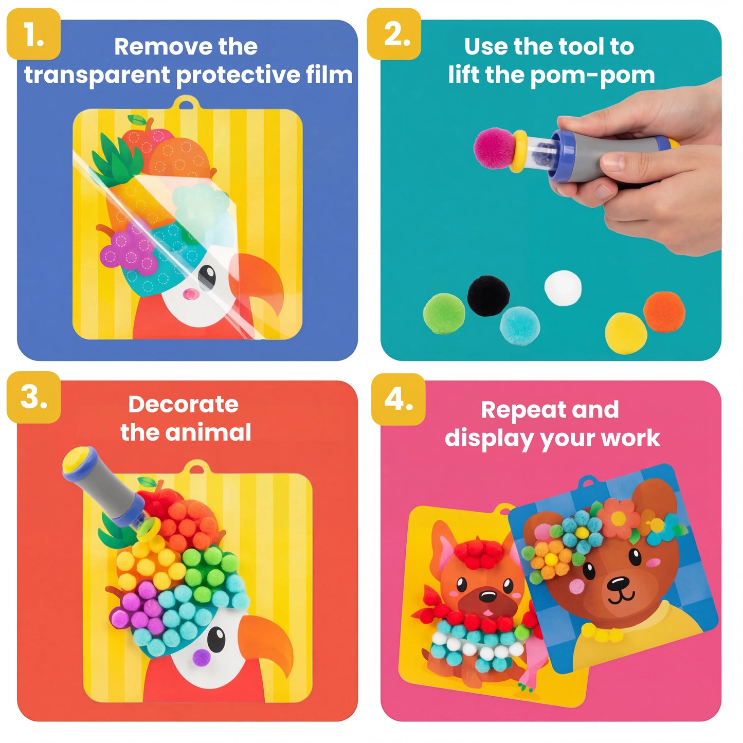Pom Pom Kit – Ustvari čarobne 3D živalice iz puhastih cofkov, brez nereda! (5+ let)
